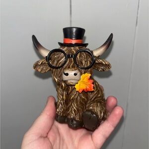 Small Charming Brown Highland Cow Figurine with Hat and Glasses